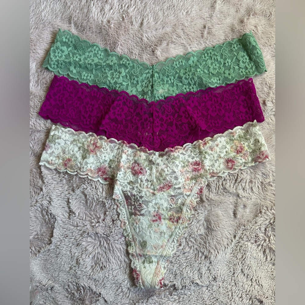 Victoria's Secret Lace Thong Trio in Mint, Magenta & Floral Cream